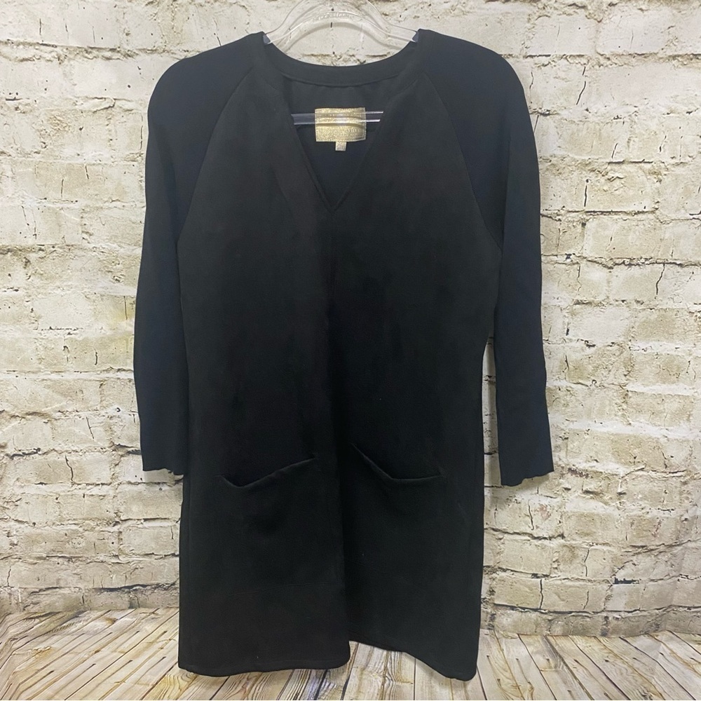 Lauren James Black Faux Suede Mixed Fabric V Neck Sheath Dress